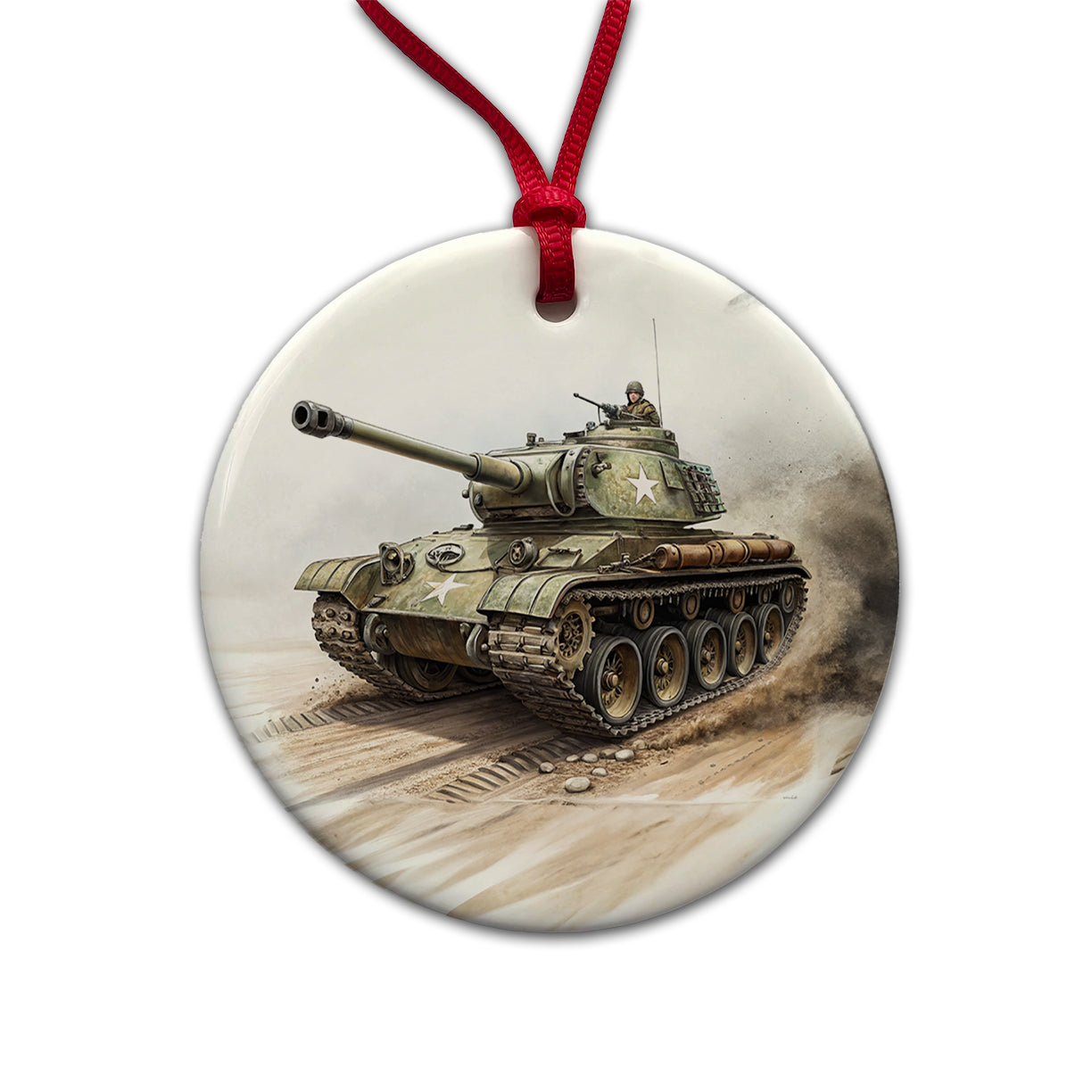 WWII M26 Pershing US Heavy Tank Round Ceramic Holiday Christmas Tree Ornament