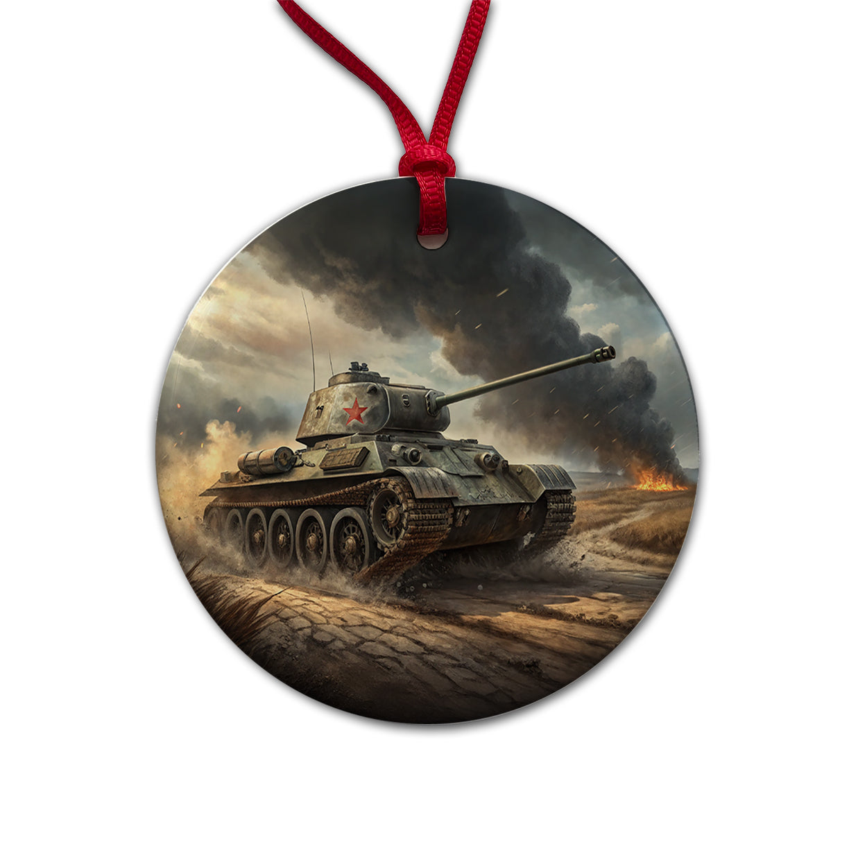 WWII T-34 Russian Medium Tank Round Ceramic Holiday Christmas Tree Ornament
