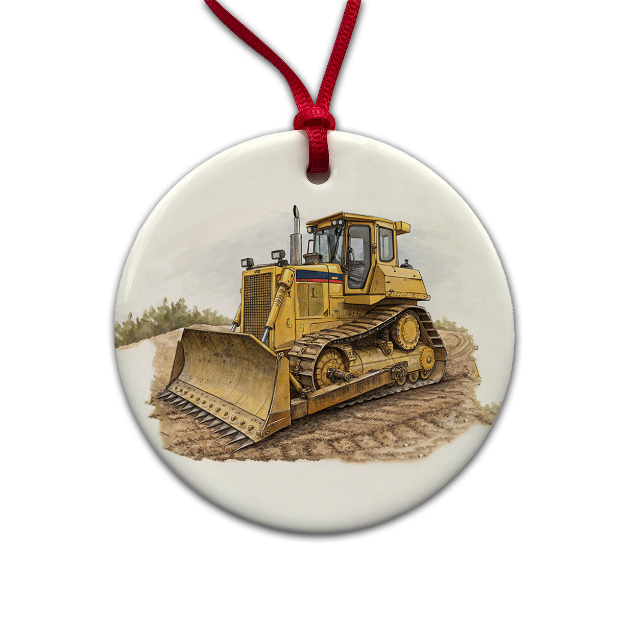 Yellow Bulldozer Construction Equipment Round Ceramic Holiday Christmas Tree Ornament