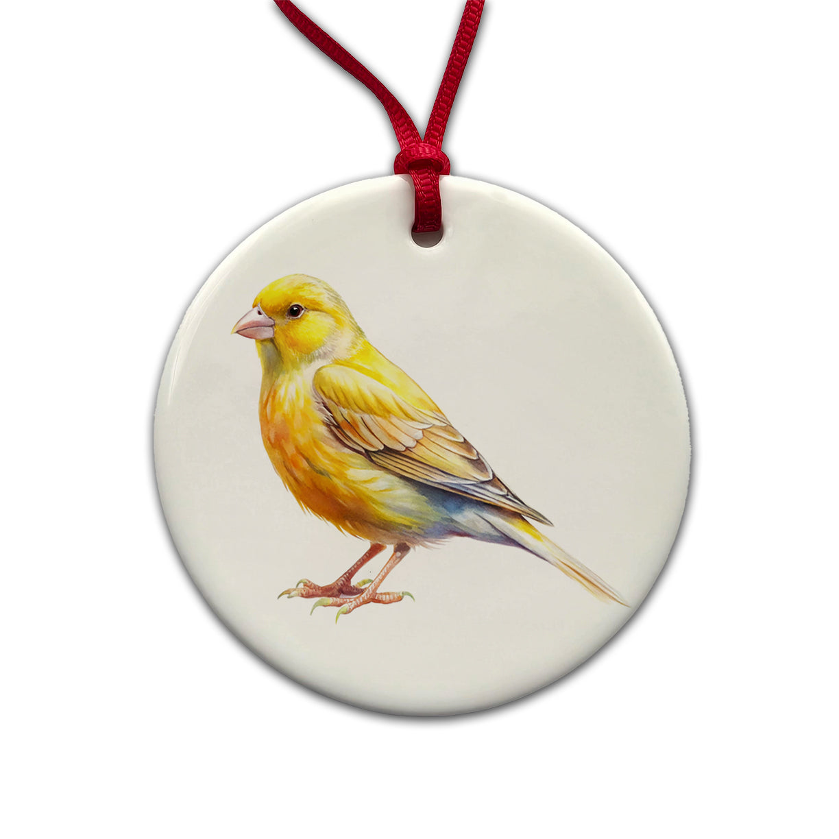 Yellow Canary Bird Watercolor Round Ceramic Holiday Christmas Tree Ornament