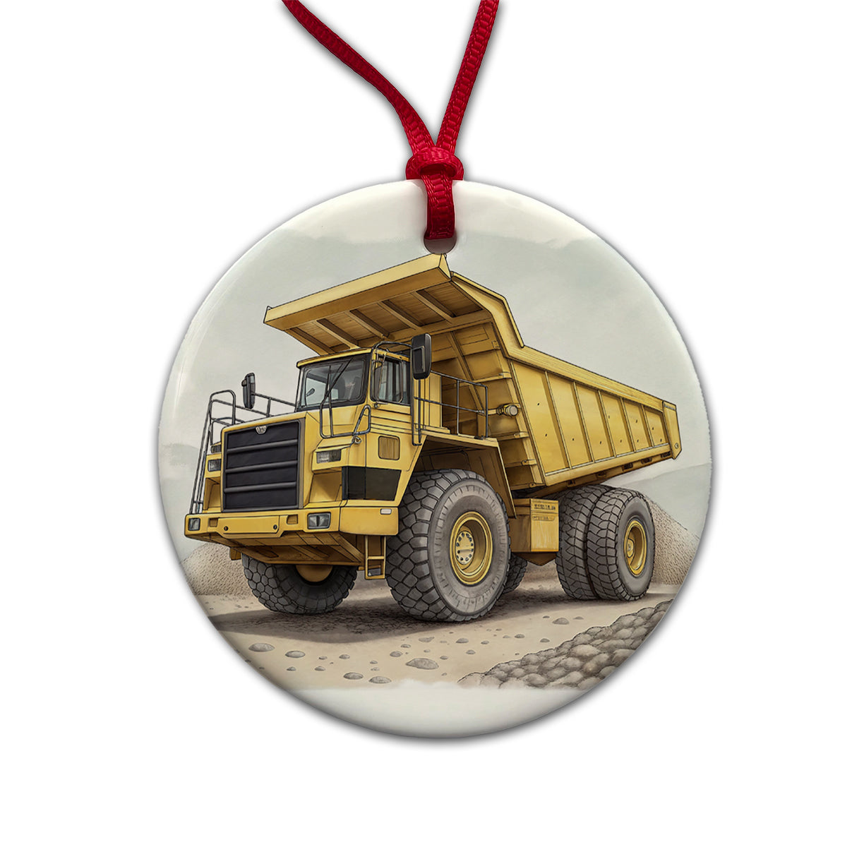 Yellow Dump Truck Construction Equipment Round Ceramic Holiday Christmas Tree Ornament