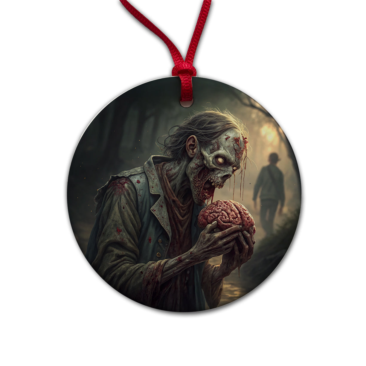 Zombie Eating Yummy Brains Funny Halloween Round Ceramic Holiday Christmas Tree Ornament