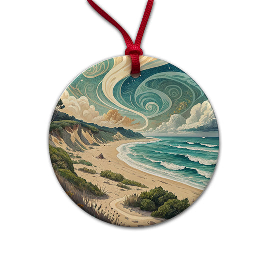 Abstract Beach Shore Landscape Round Ceramic Holiday Christmas Tree Ornament