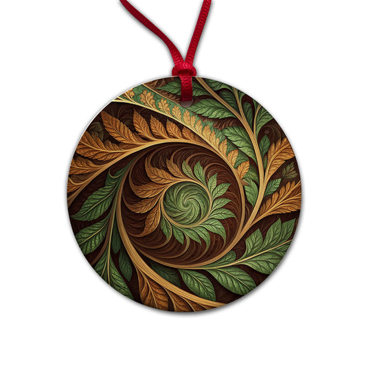 Abstract Brown Green Leaves Swirl Round Ceramic Holiday Christmas Tree Ornament