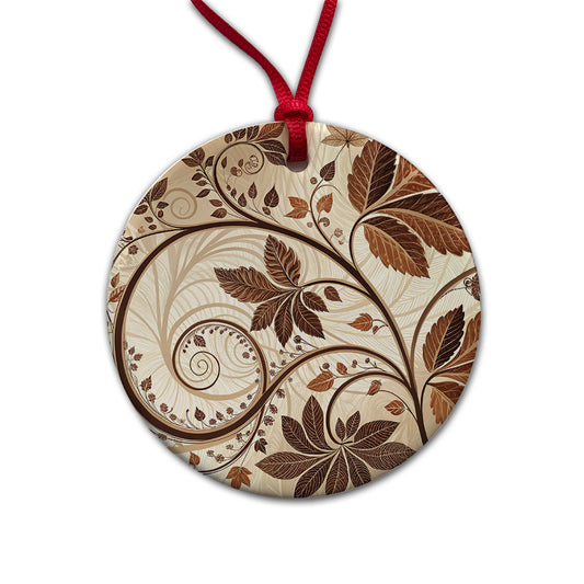 Abstract Brown Leaves Design Round Ceramic Holiday Christmas Tree Ornament