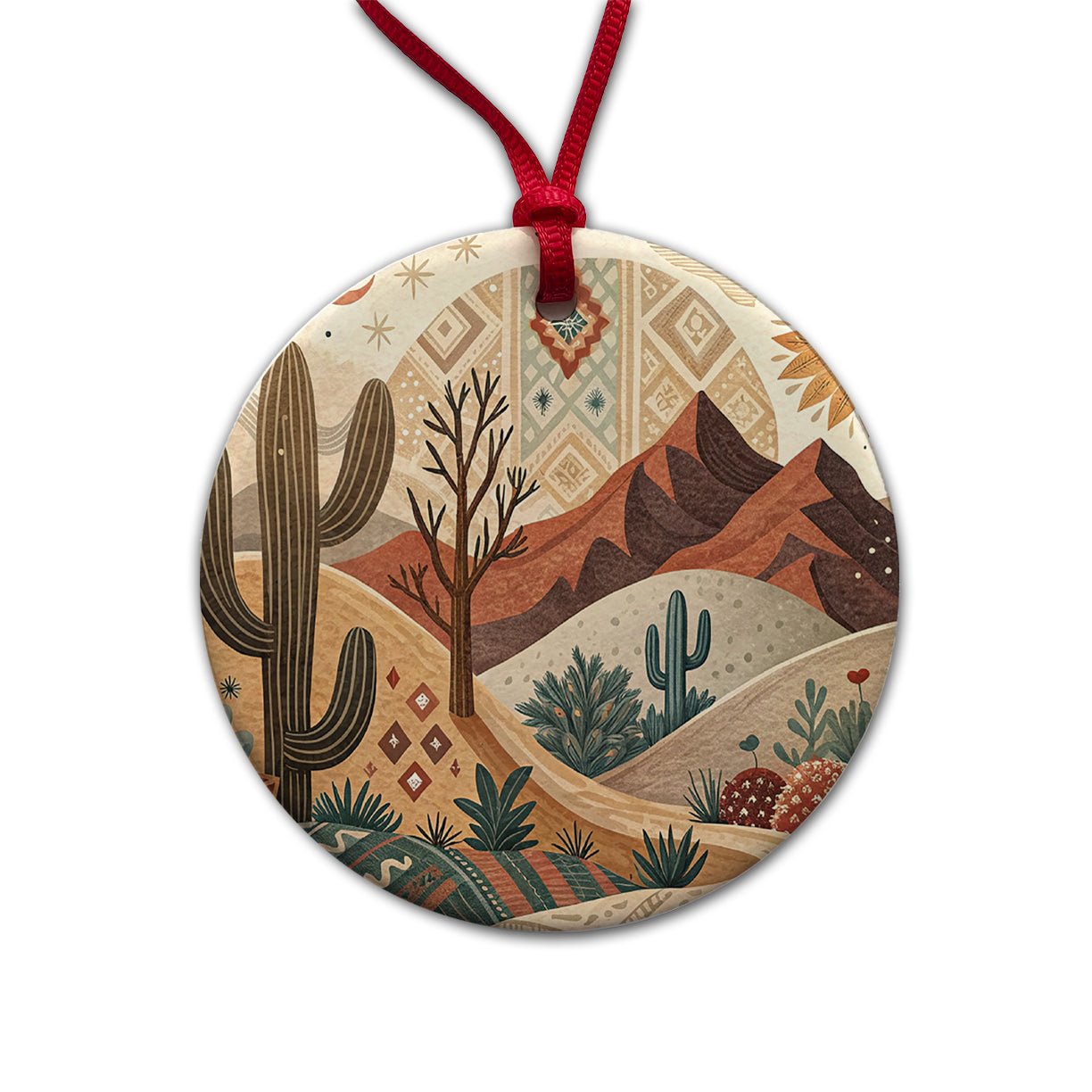 Abstract Brown Tan Southwestern Desert Design Round Ceramic Holiday Christmas Tree Ornament