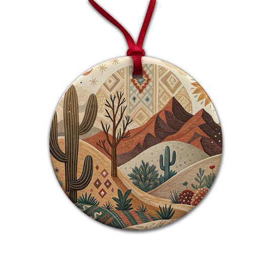 Abstract Brown Tan Southwestern Desert Design Round Ceramic Holiday Christmas Tree Ornament