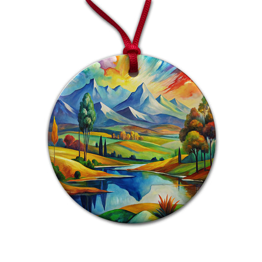 Abstract Colorful Landscape Modern Art Landscape Round Ceramic Holiday Christmas Tree Ornament