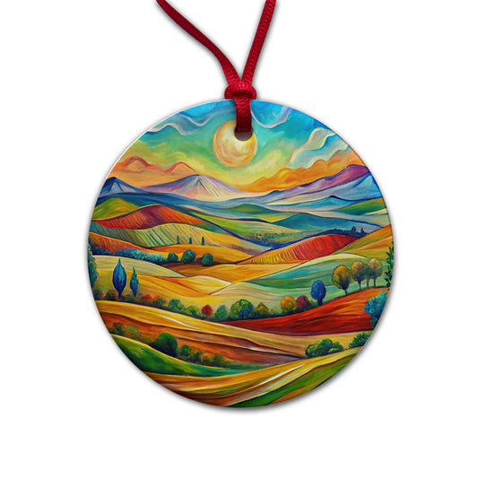 Abstract Colorful Landscape Round Ceramic Holiday Christmas Tree Ornament