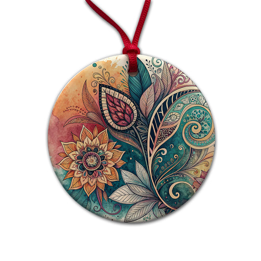 Abstract Deco Floral Leaves Swirl Design Round Ceramic Holiday Christmas Tree Ornament