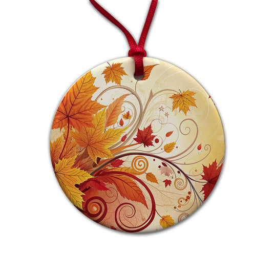 Abstract Fall Autumn Leaves Design Round Ceramic Holiday Christmas Tree Ornament