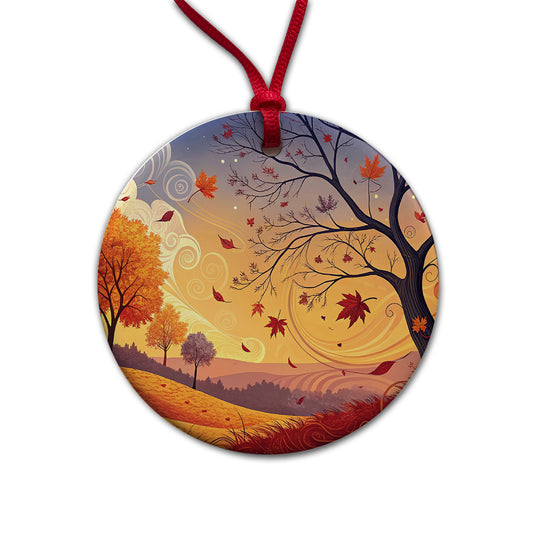 Abstract Fall Autumn Scenic Landscape Round Ceramic Holiday Christmas Tree Ornament