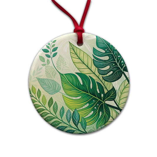 Abstract Green Leaves Design Round Ceramic Holiday Christmas Tree Ornament