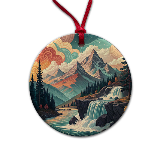Abstract Mountains Waterfalls Landscape Round Ceramic Holiday Christmas Tree Ornament