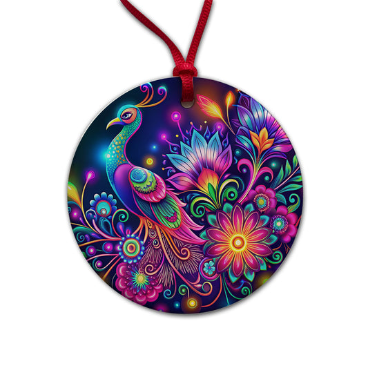 Abstract Neon Peacock Floral Design Round Ceramic Holiday Christmas Tree Ornament