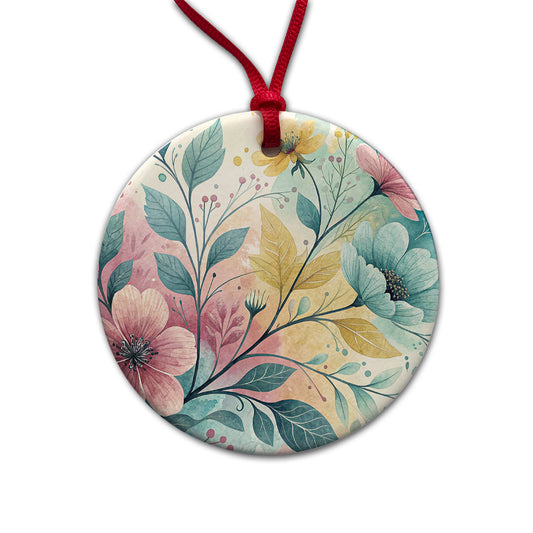 Abstract Pastel Flowers Leaves Design Round Ceramic Holiday Christmas Tree Ornament