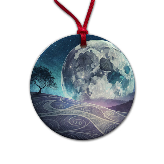 Abstract Purple Blue Moon Landscape Round Ceramic Holiday Christmas Tree Ornament