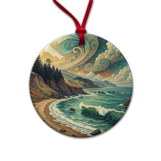 Abstract Shore Ocean Waves Landscape Round Ceramic Holiday Christmas Tree Ornament