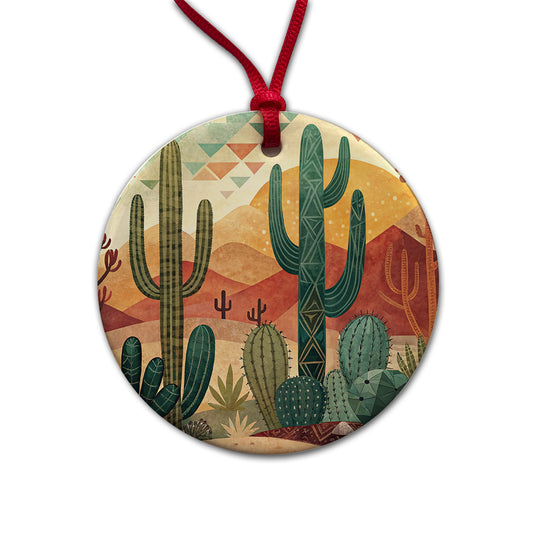 Abstract Southwestern Cactus Desert Design Round Ceramic Holiday Christmas Tree Ornament
