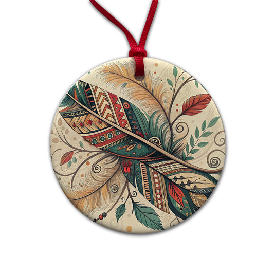 Abstract Southwestern Feather Leaf Design Round Ceramic Holiday Christmas Tree Ornament