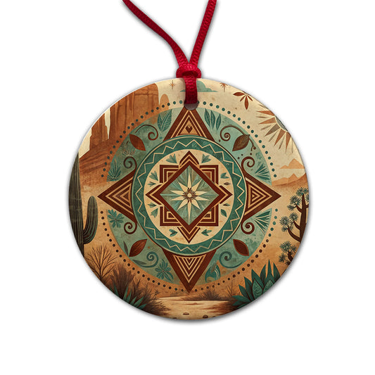 Abstract Southwestern Teal Brown Desert Design Round Ceramic Holiday Christmas Tree Ornament