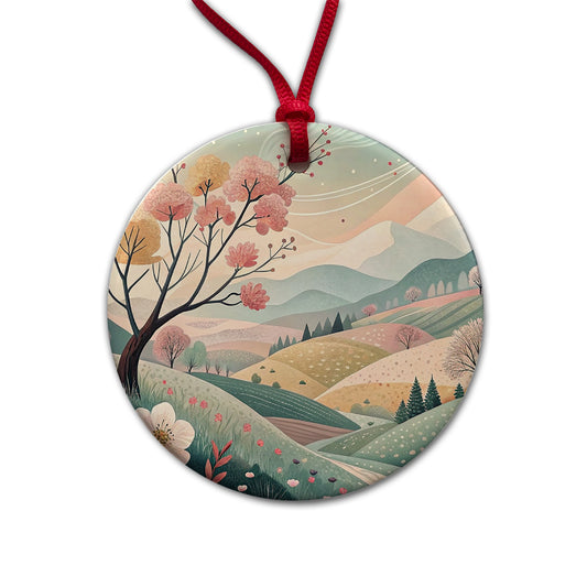 Abstract Spring Landscape Round Ceramic Holiday Christmas Tree Ornament