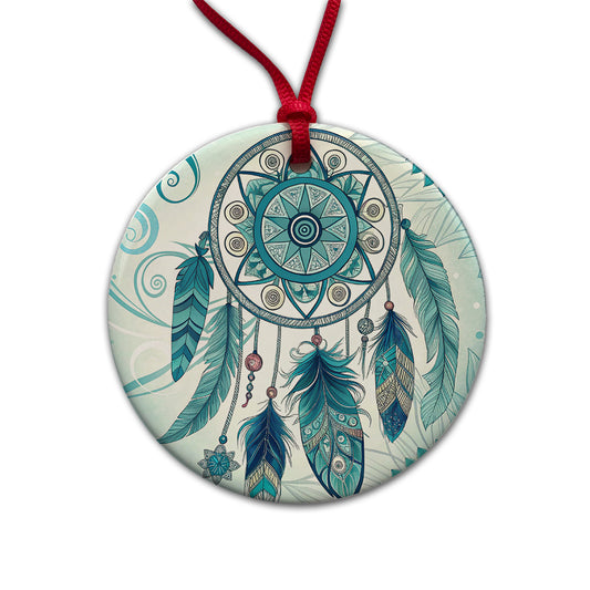 Abstract Teal Blue Dream Catcher Southwestern Design Round Ceramic Holiday Christmas Tree Ornament