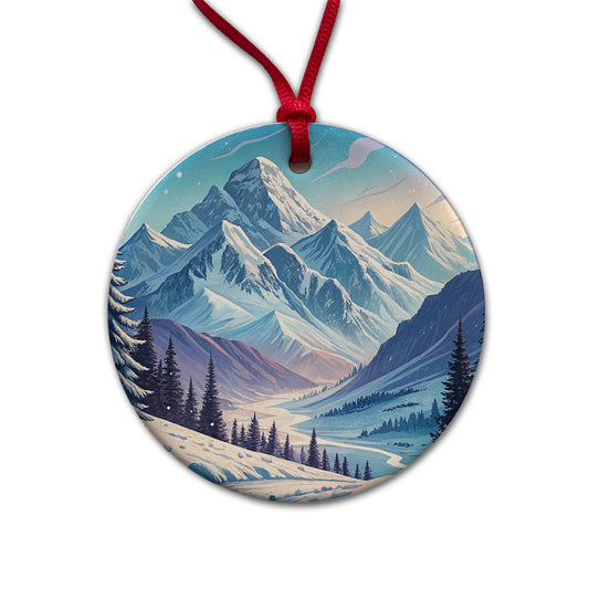 Abstract Winter Blue Purple Mountains Landscape Round Ceramic Holiday Christmas Tree Ornament