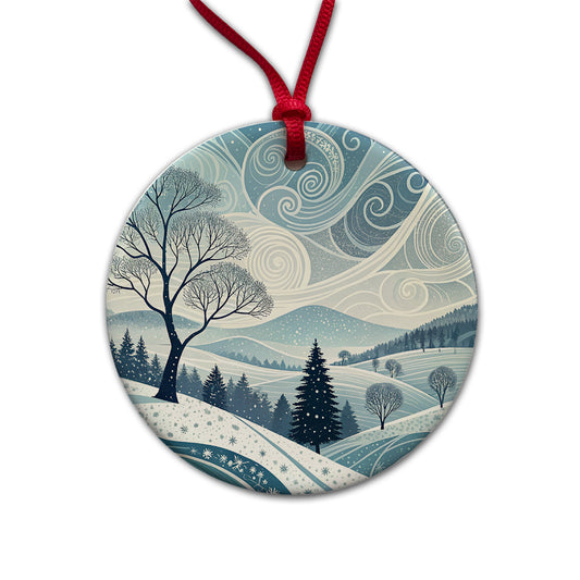 Abstract Winter Landscape Round Ceramic Holiday Christmas Tree Ornament