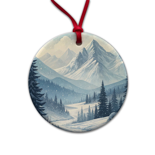 Abstract Winter Mountains Landscape Round Ceramic Holiday Christmas Tree Ornament
