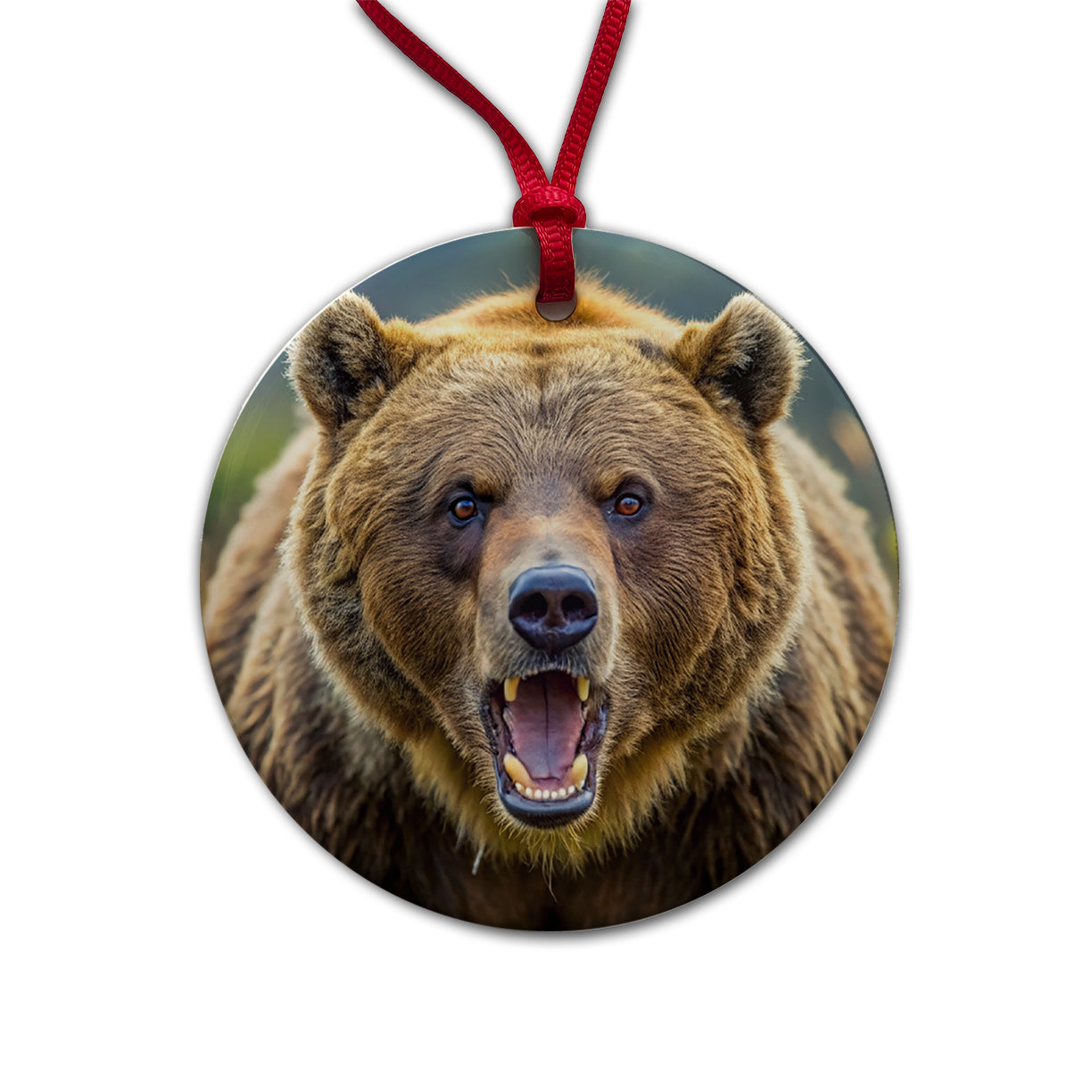 Angry Grizzly Bear Charging Round Ceramic Holiday Christmas Tree Ornament