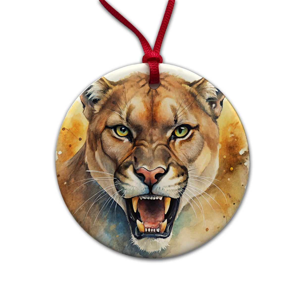 Angry Mountain Lion Cougar Watercolor Round Ceramic Holiday Christmas Tree Ornament