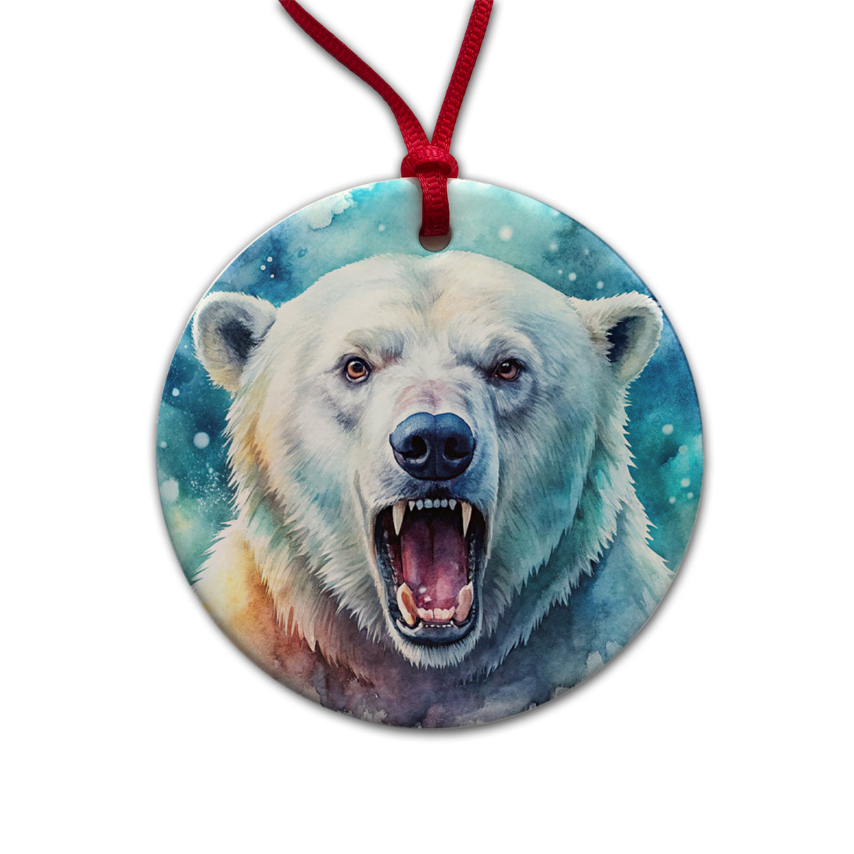 Angry Polar Bear Watercolor Round Ceramic Holiday Christmas Tree Ornament