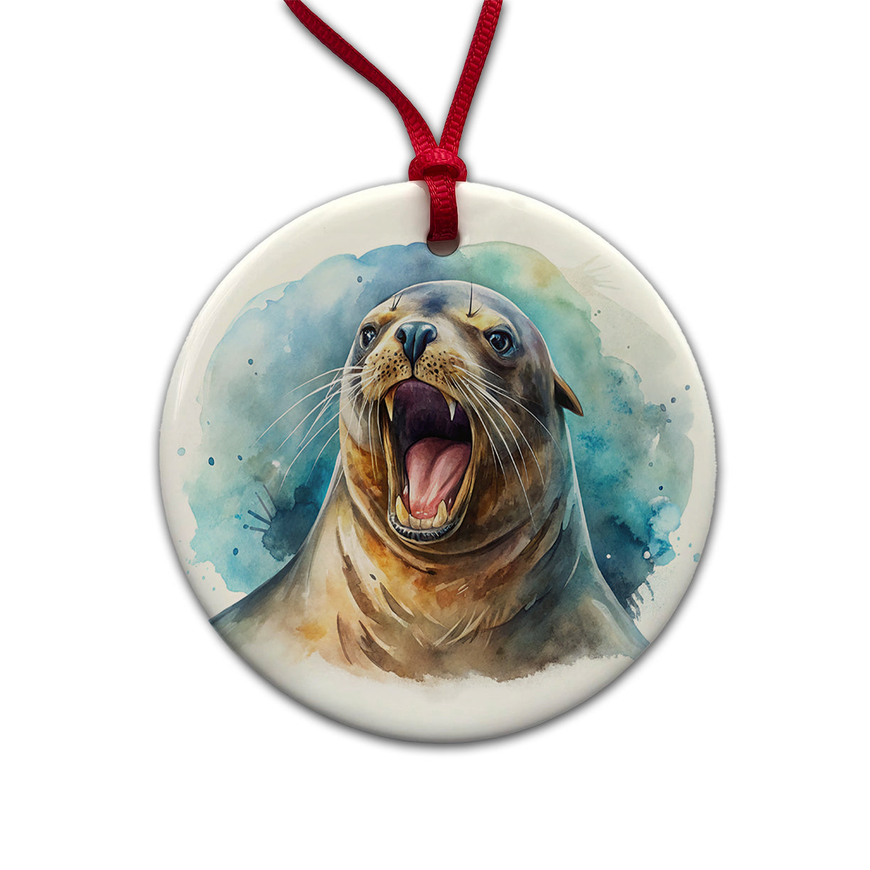 Angry Sea Lion Watercolor Round Ceramic Holiday Christmas Tree Ornament