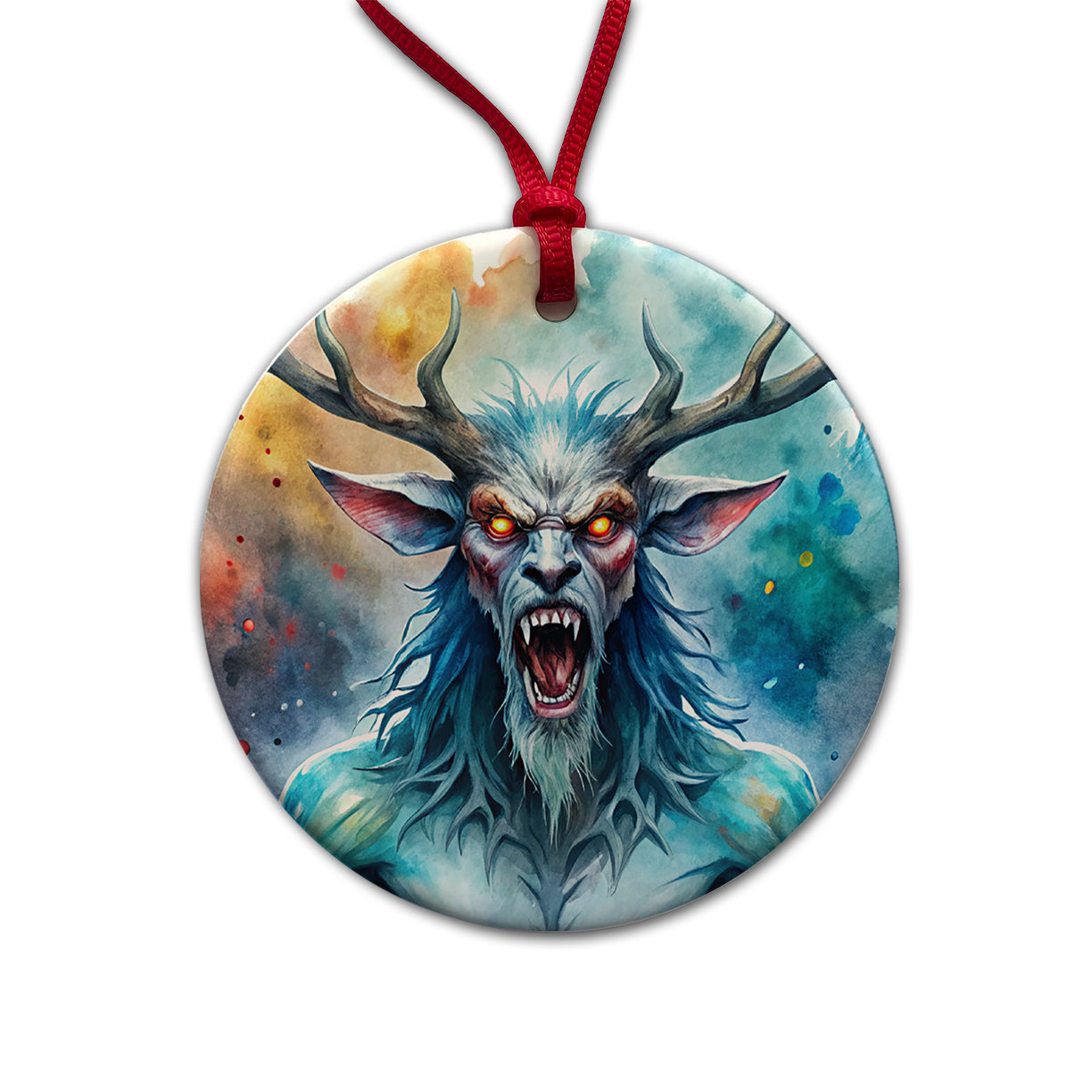 Angry Wendigo Algonquian Folklore Monster Watercolor Round Ceramic Holiday Christmas Tree Ornament