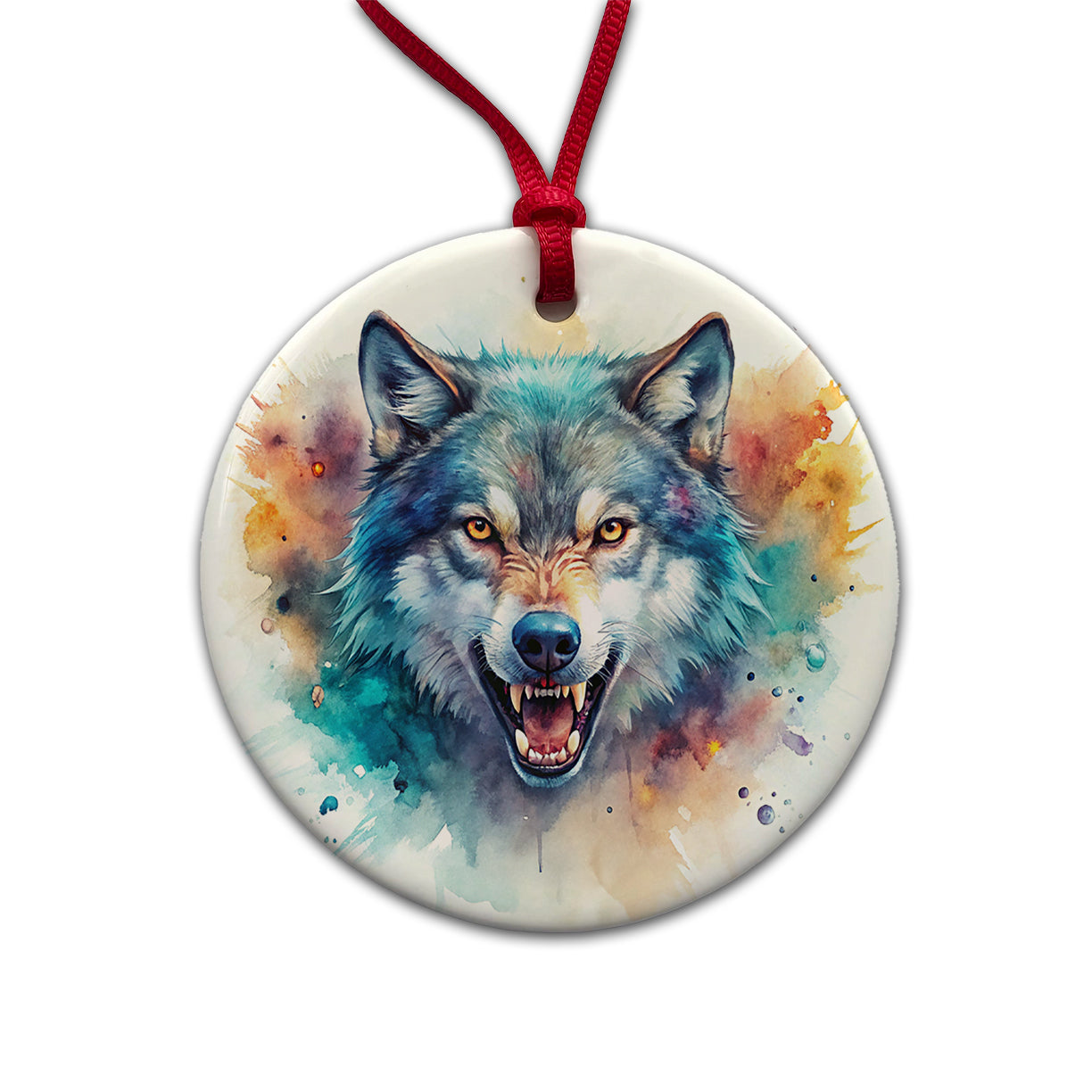 Angry Wolf Watercolor Round Ceramic Holiday Christmas Tree Ornament