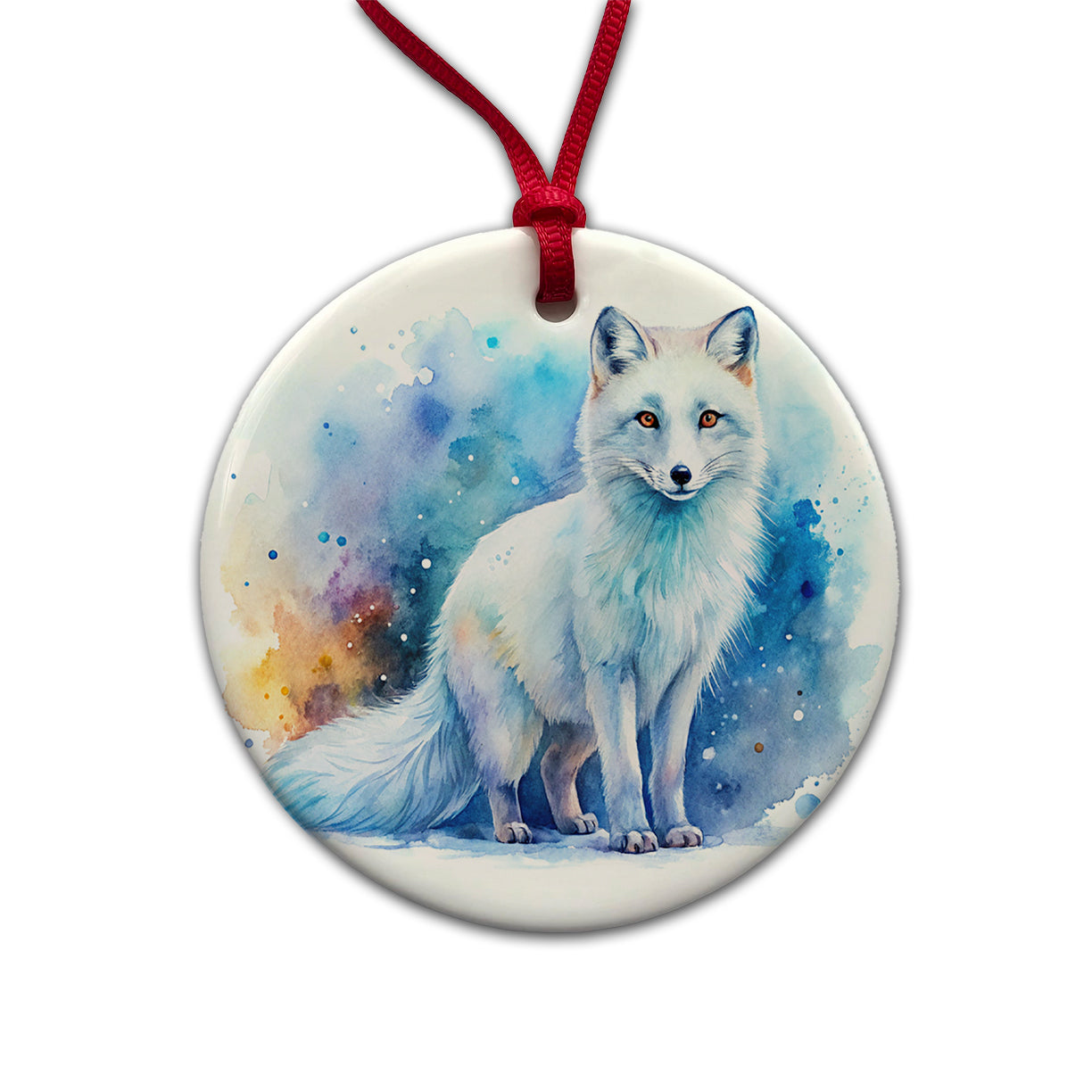 Arctic Fox Watercolor Round Ceramic Holiday Christmas Tree Ornament
