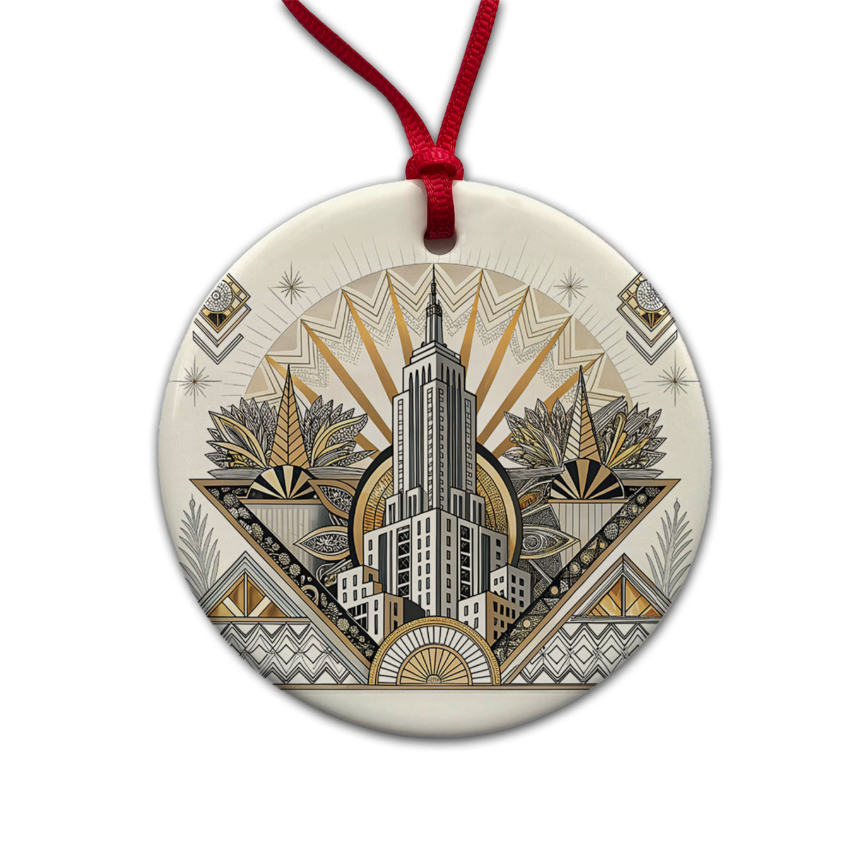 Art Deco Building Architectural Design Round Ceramic Holiday Christmas Tree Ornament