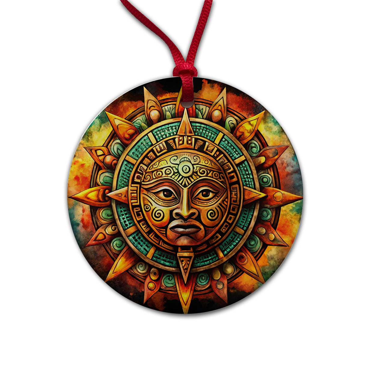 Aztec Sun God Symbol Watercolor Round Ceramic Holiday Christmas Tree Ornament