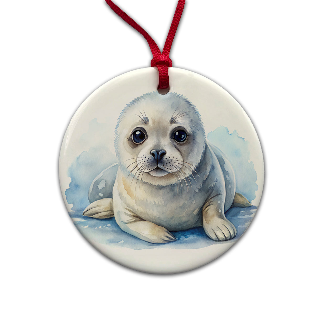 Baby Harp Seal Watercolor Round Ceramic Holiday Christmas Tree Ornament