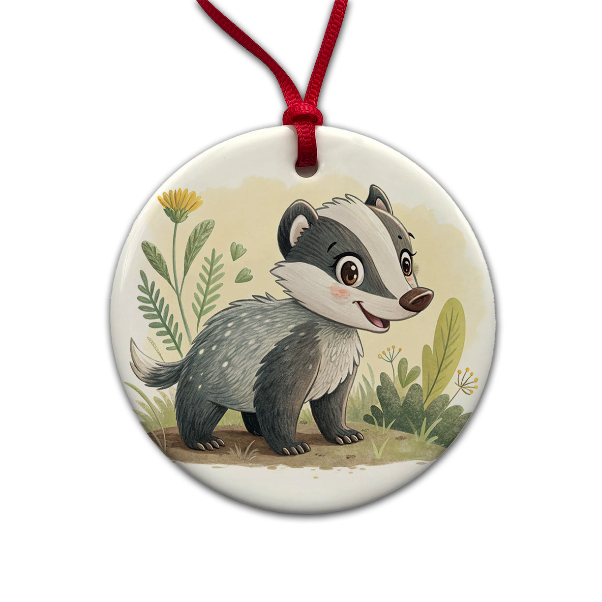 Badger Children's Illustration Style Round Ceramic Holiday Christmas Tree Ornament