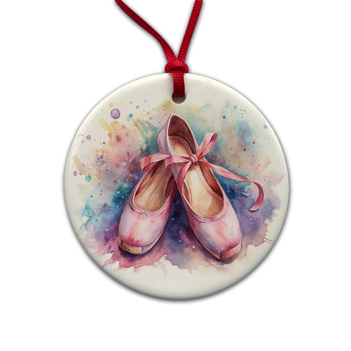 Ballet Slippers Watercolor Round Ceramic Holiday Christmas Tree Ornament