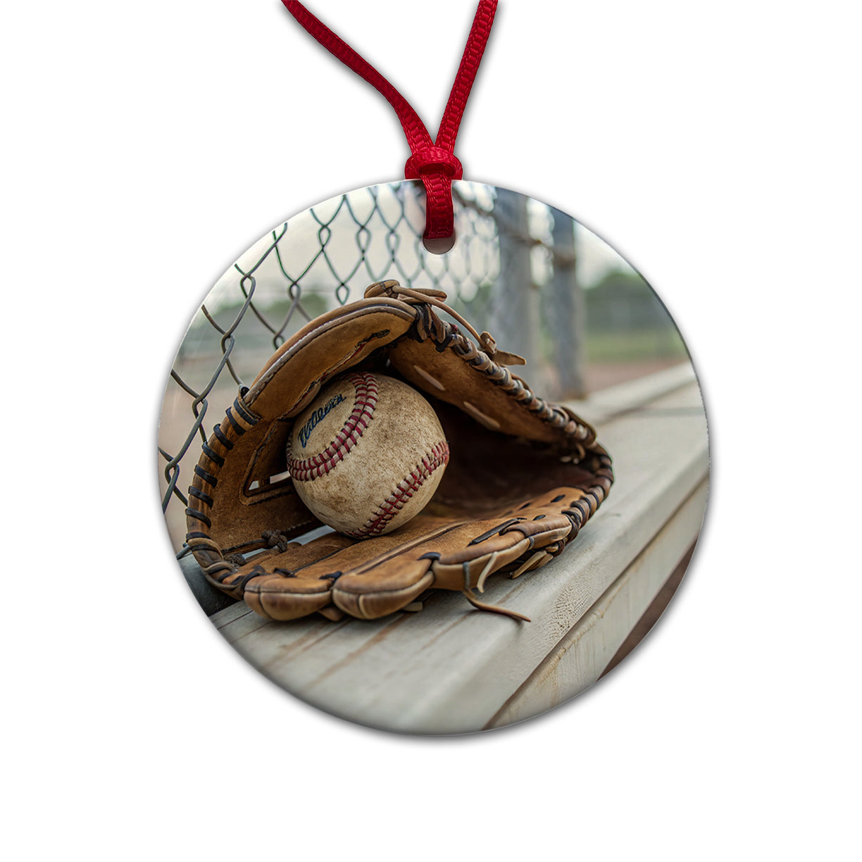 Baseball Glove With Baseball on Dugout Bench Round Ceramic Holiday Christmas Tree Ornament
