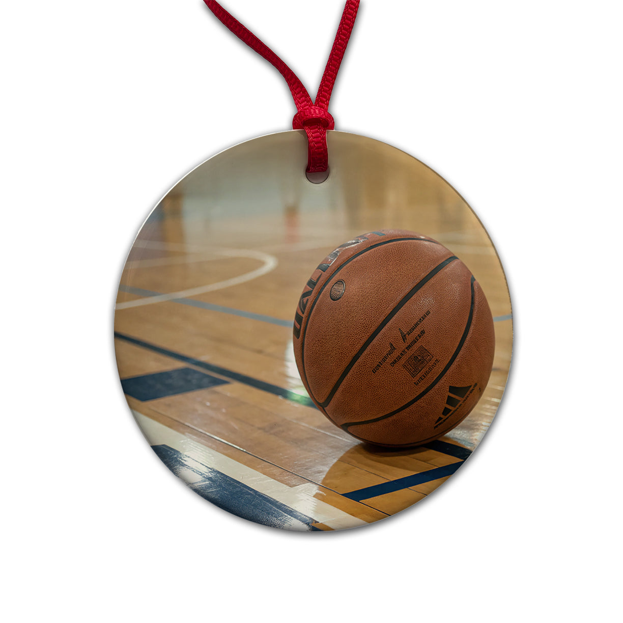 Basketball on Court Round Ceramic Holiday Christmas Tree Ornament
