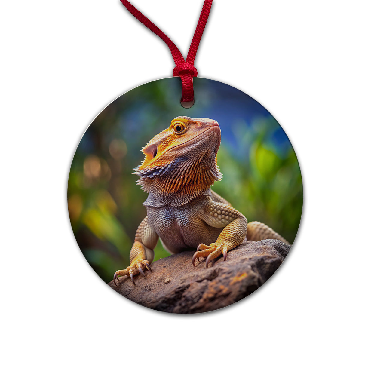 Bearded Dragon Lizard Reptile On Rock Round Ceramic Holiday Christmas Tree Ornament