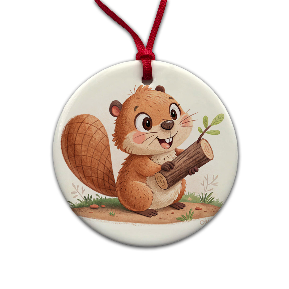Beaver Children's Illustration Style Round Ceramic Holiday Christmas Tree Ornament