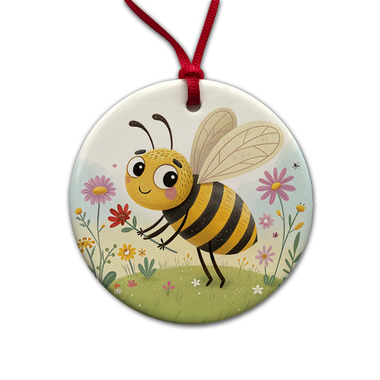 Bee Children's Illustration Style Round Ceramic Holiday Christmas Tree Ornament