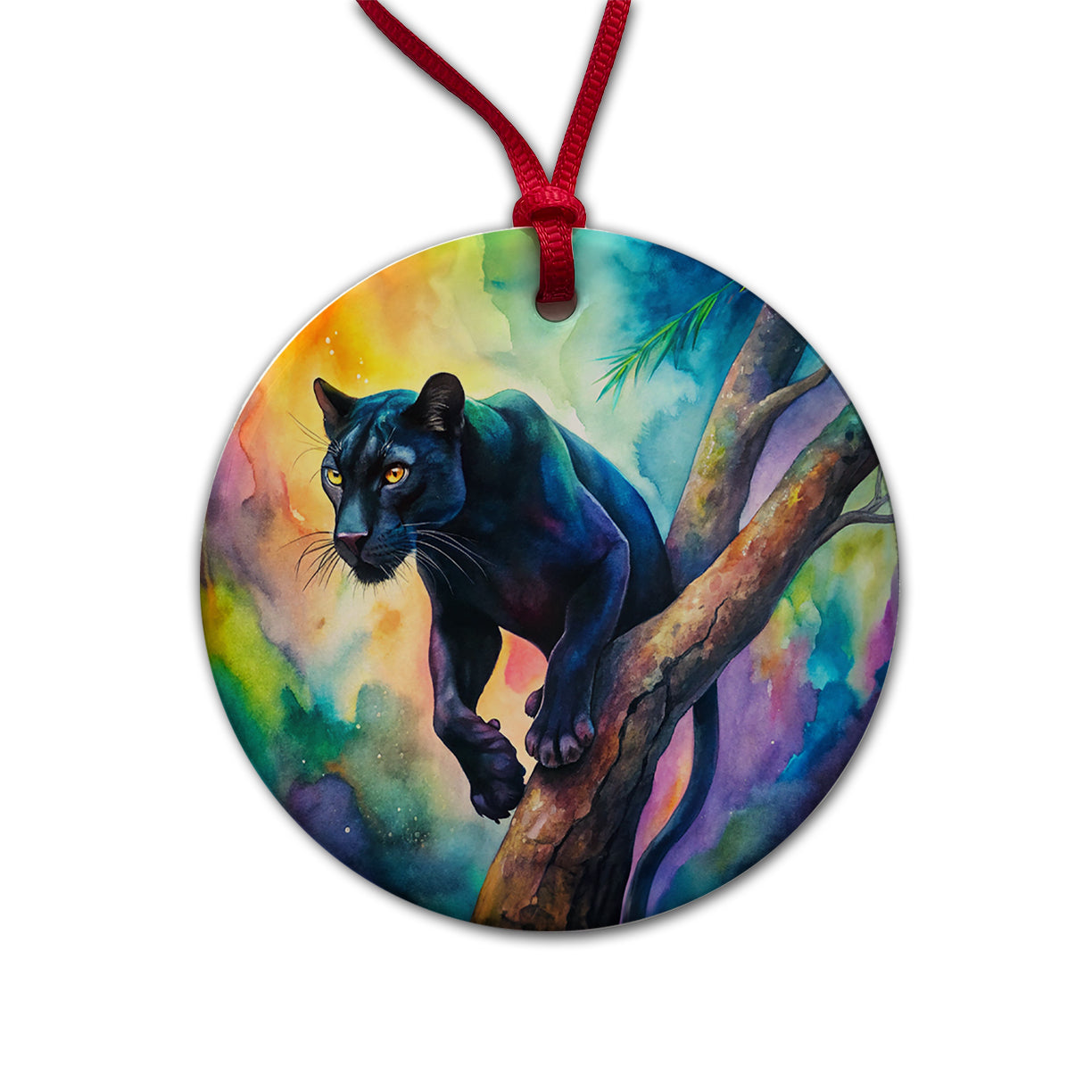 Black Panther In Tree Watercolor Round Ceramic Holiday Christmas Tree Ornament