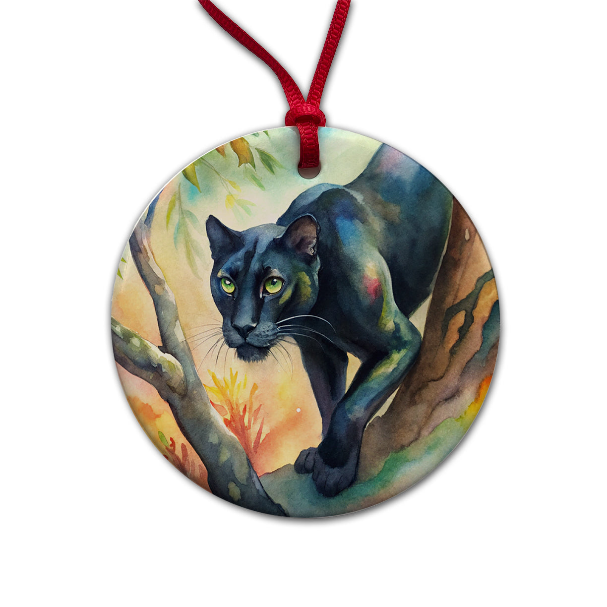 Black Panther Stalking Prey Watercolor Round Ceramic Holiday Christmas Tree Ornament