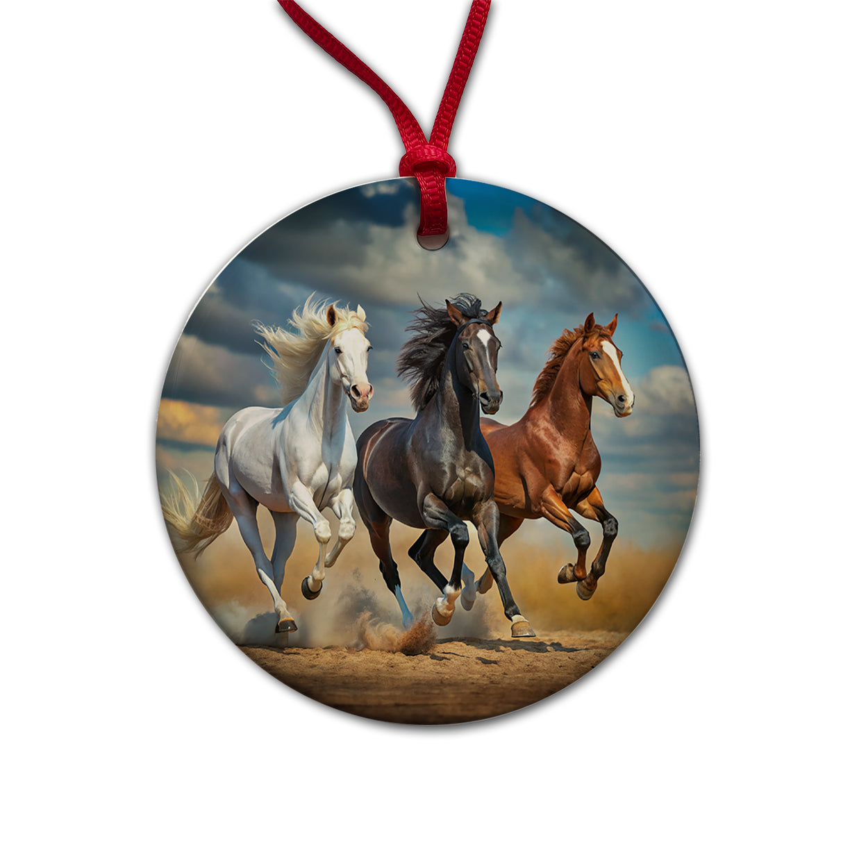 Black White and Brown Horses Galloping Round Ceramic Holiday Christmas Tree Ornament